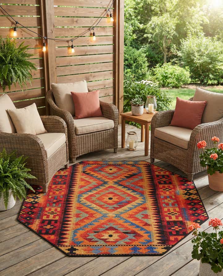 5' 3 x 5' 3 Easy-Clean Tribal Indoor / Outdoor Octagon Rug