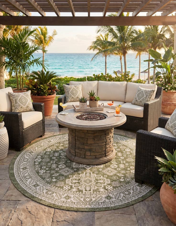 Detail image of 7' 10 x 7' 10 Easy-Clean Aztec Indoor / Outdoor Round Rug