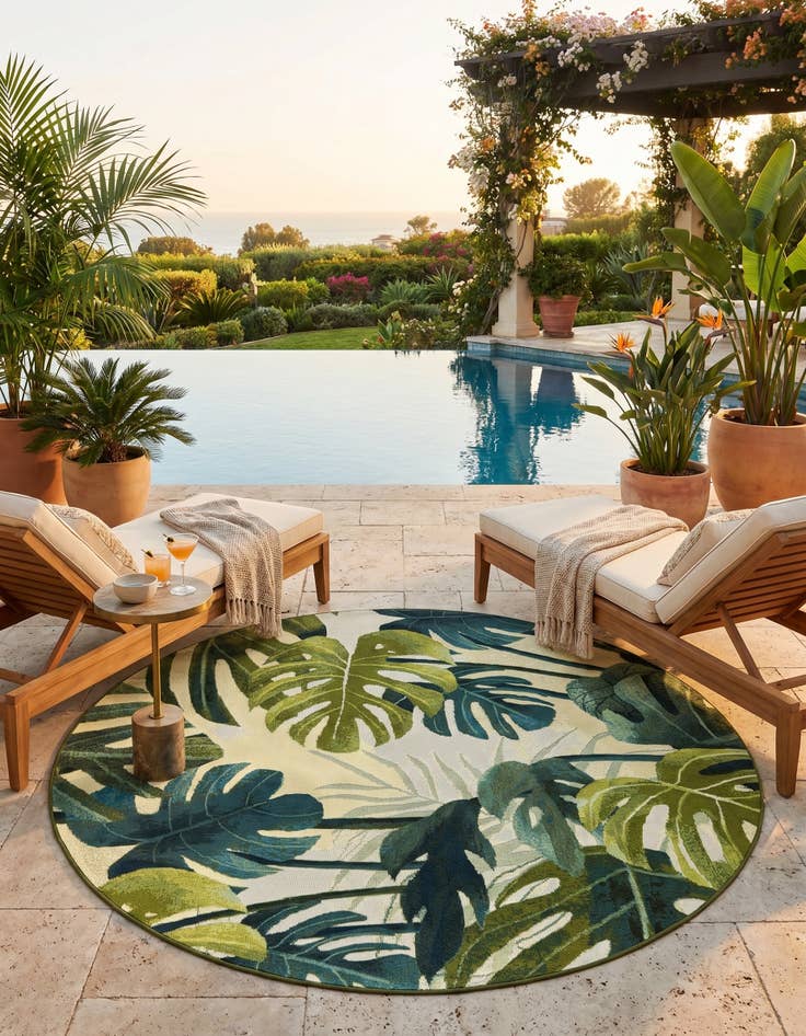 Detail image of 6' x 6' Easy-Clean Botanical Indoor / Outdoor Round Rug