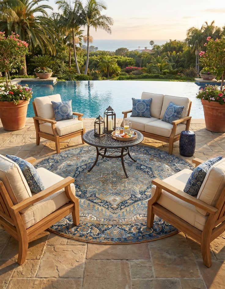 Detail image of 7' 10 x 7' 10 Easy-Clean Traditional Indoor / Outdoor Round Rug