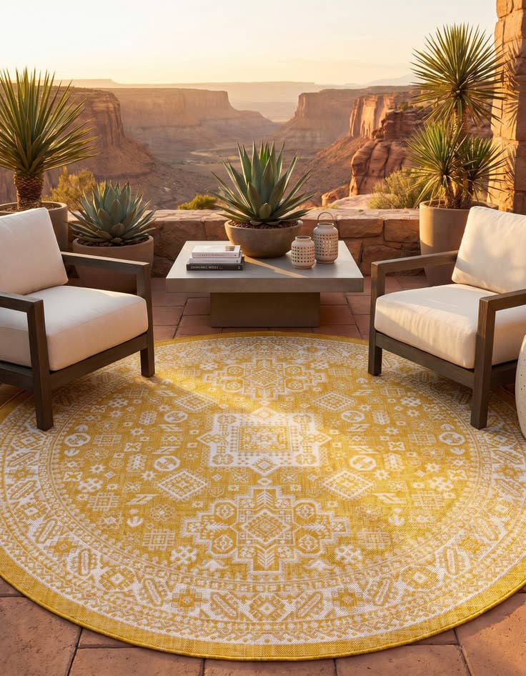 Detail image of 7' 10 x 7' 10 Easy-Clean Aztec Indoor / Outdoor Round Rug