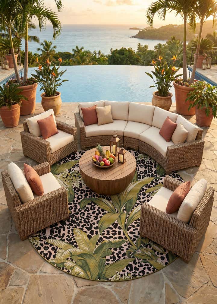 7' 10 x 7' 10 Easy-Clean Botanical Indoor / Outdoor Round Rug