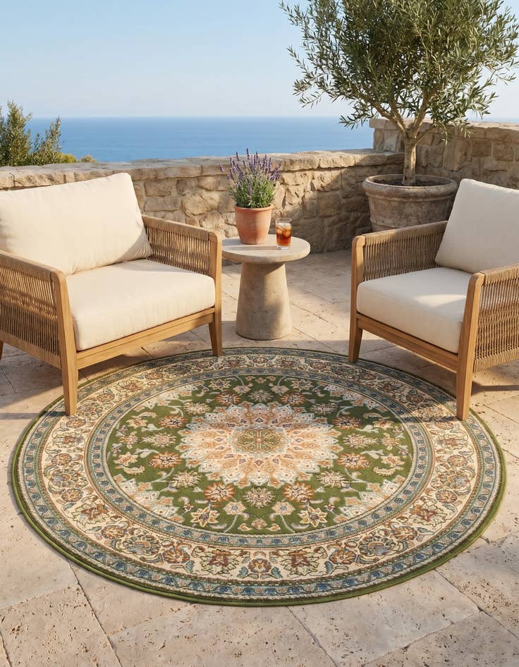 Detail image of 4' 1 x 4' 1 Easy-Clean Traditional Indoor / Outdoor Round Rug