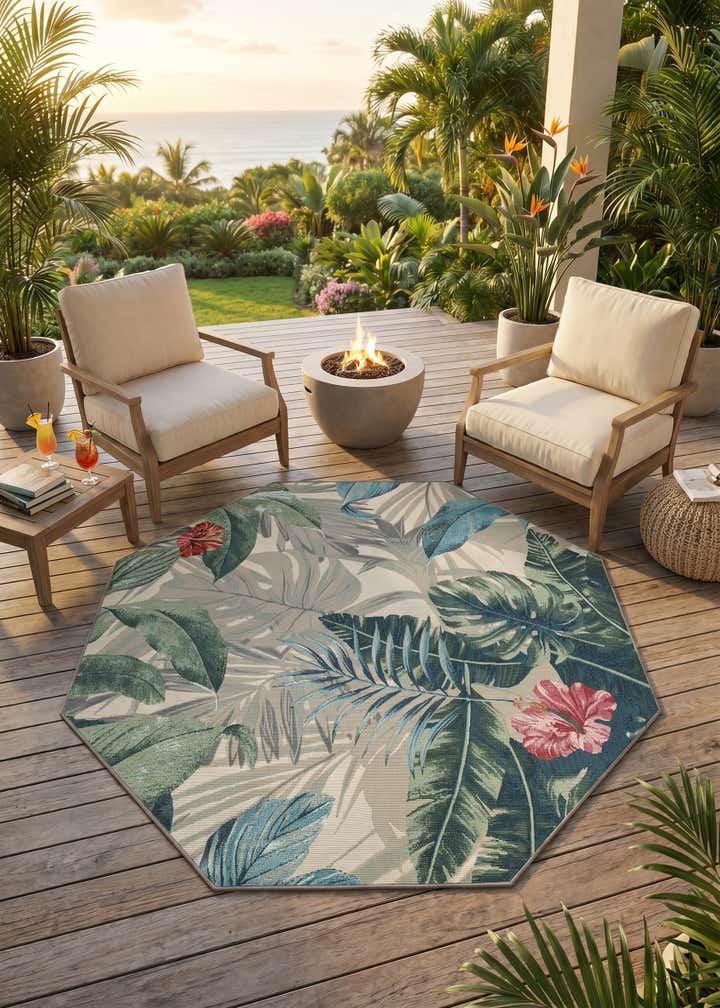 5' 3 x 5' 3 Easy-Clean Botanical Indoor / Outdoor Octagon Rug