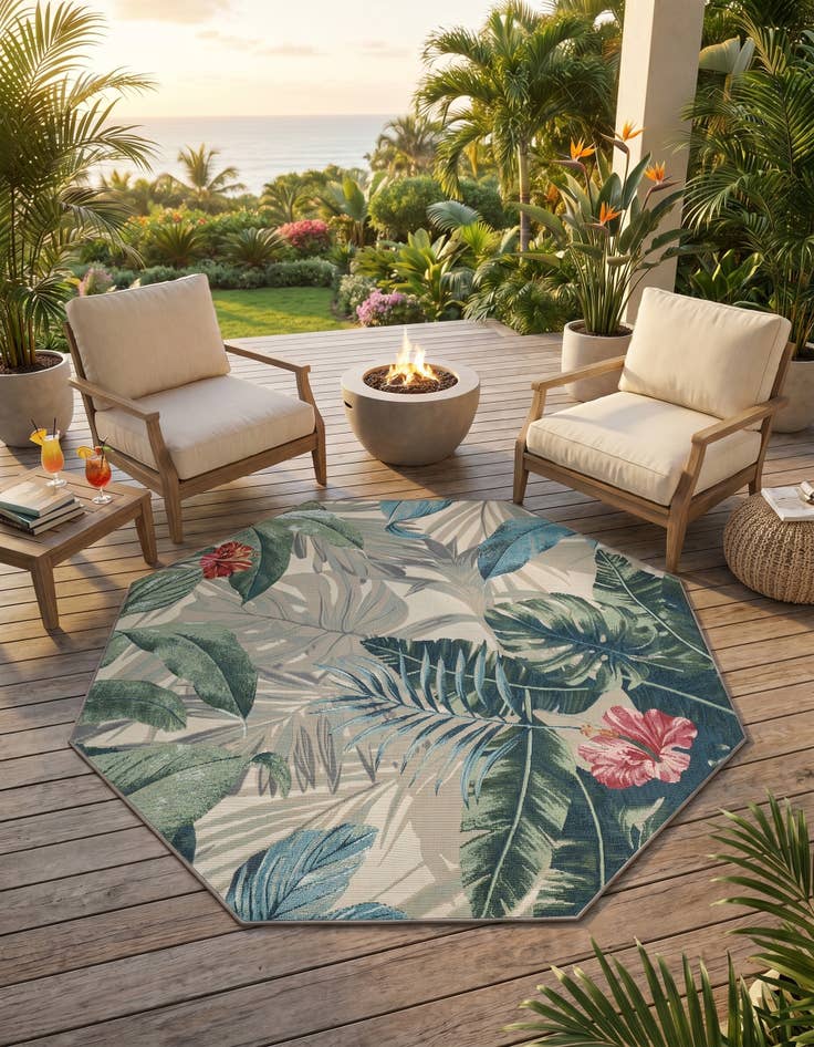 Detail image of 5' 3 x 5' 3 Easy-Clean Botanical Indoor / Outdoor Octagon Rug
