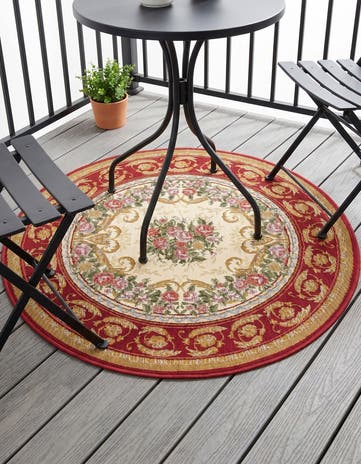 Burgundy Red and Ivory Easy-Clean Traditional Indoor / Outdoor Round Rug