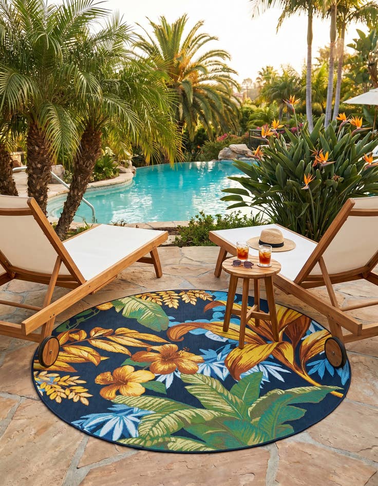 Detail image of 5' x 5' Easy-Clean Botanical Indoor / Outdoor Round Rug