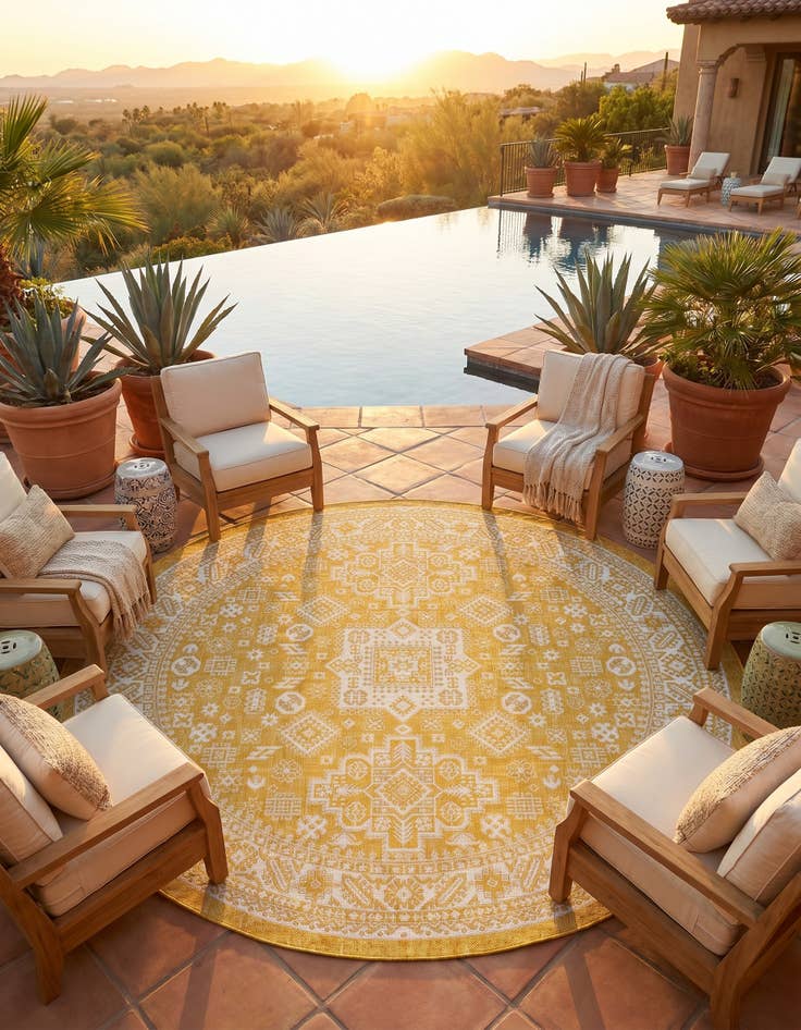 Detail image of 7' 10 x 7' 10 Easy-Clean Aztec Indoor / Outdoor Round Rug