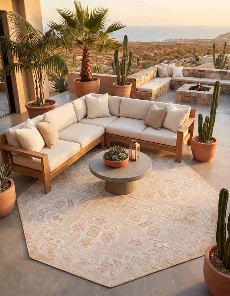 Detail image of 7' 10 x 7' 10 Easy-Clean Aztec Indoor / Outdoor Octagon Rug