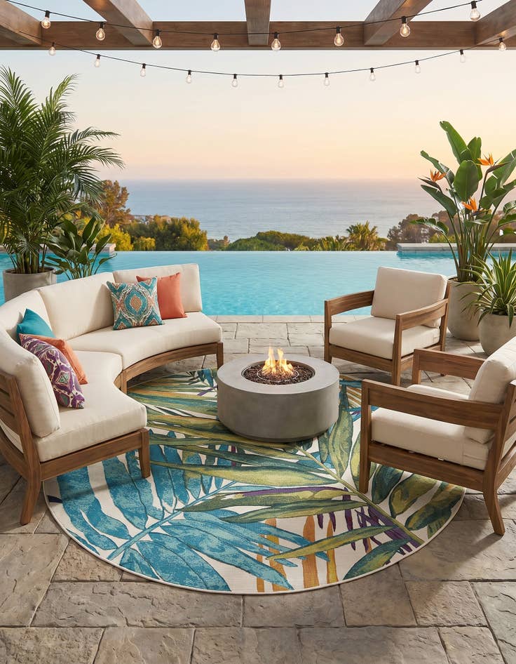 Detail image of 7' 10 x 7' 10 Easy-Clean Botanical Indoor / Outdoor Round Rug