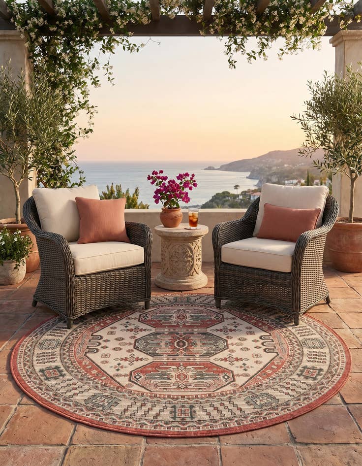 Detail image of 5' x 5' Easy-Clean Traditional Indoor / Outdoor Round Rug