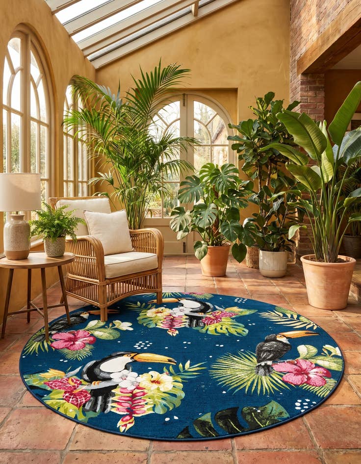Detail image of 7' 10 x 7' 10 Easy-Clean Botanical Indoor / Outdoor Round Rug