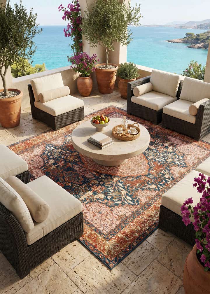 7' 10 x 7' 10 Easy-Clean Traditional Indoor / Outdoor Square Rug