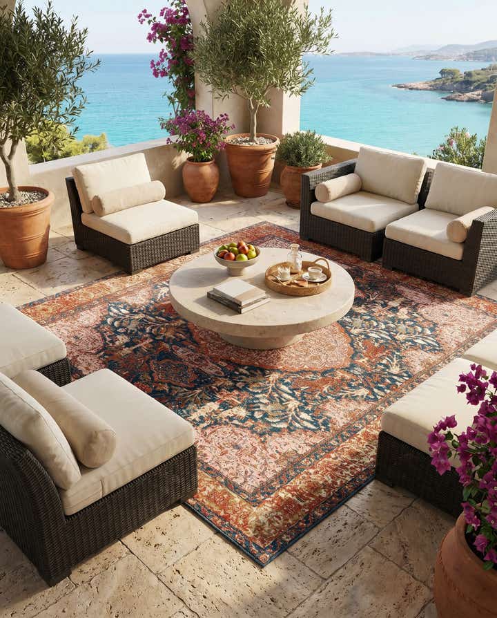 7' 10 x 7' 10 Easy-Clean Traditional Indoor / Outdoor Square Rug
