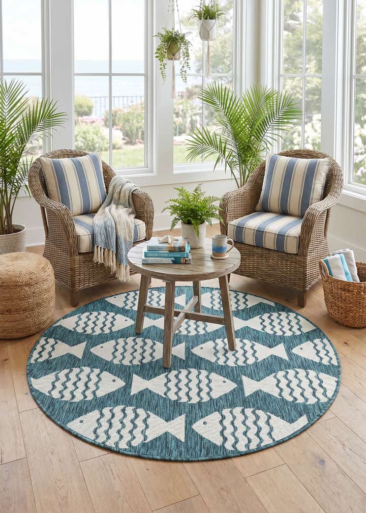 4' 1 x 4' 1 Easy-Clean Coastal Indoor / Outdoor Round Rug