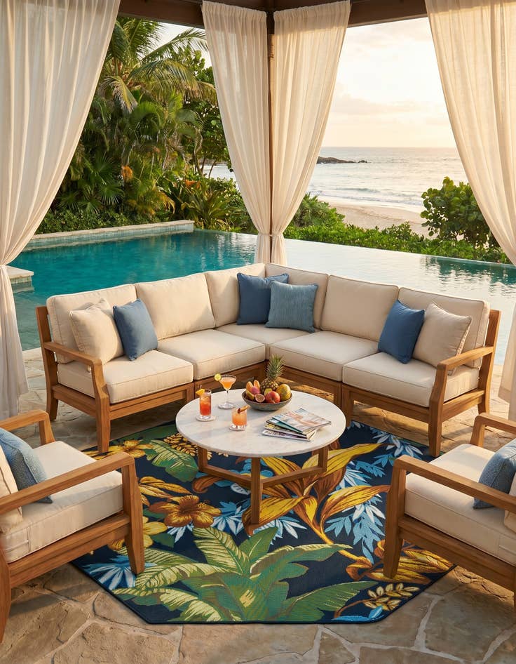 Detail image of 7' x 7' Easy-Clean Botanical Indoor / Outdoor Octagon Rug
