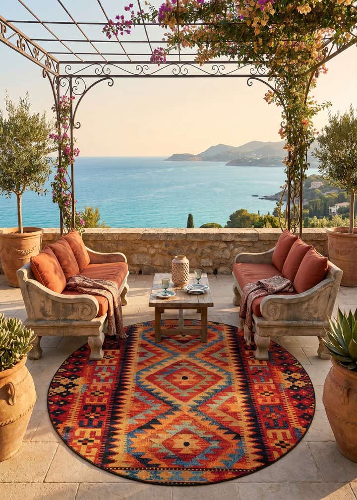 7' x 7' Easy-Clean Tribal Indoor / Outdoor Round Rug