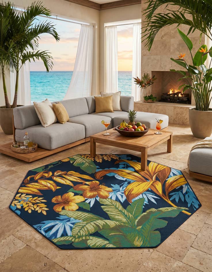 Detail image of 5' 3 x 5' 3 Easy-Clean Botanical Indoor / Outdoor Octagon Rug