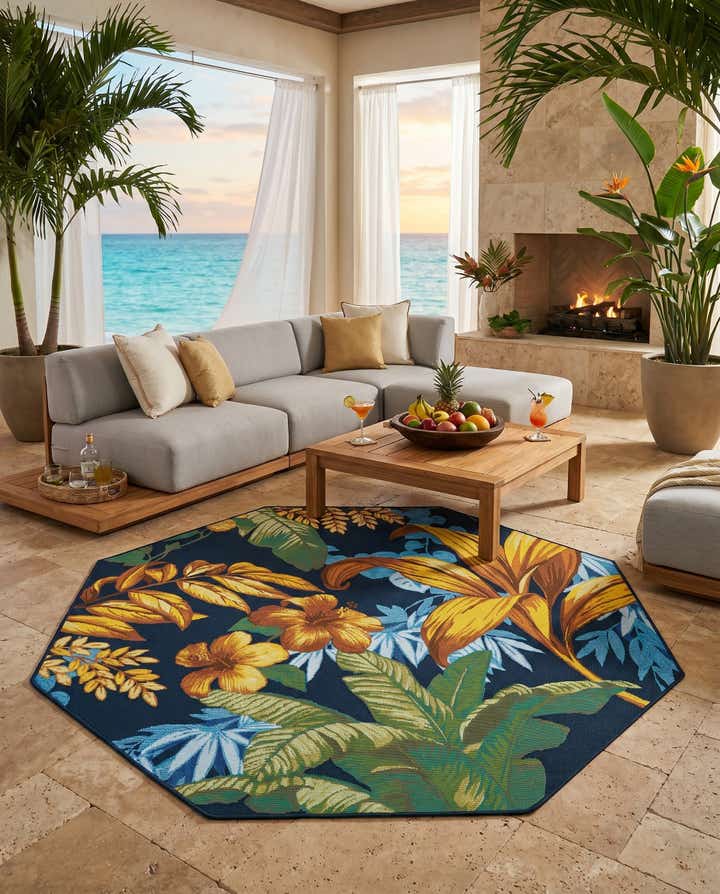 5' 3 x 5' 3 Easy-Clean Botanical Indoor / Outdoor Octagon Rug