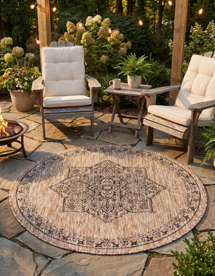 Detail image of 4' x 4' Easy-Clean Traditional Indoor / Outdoor Round Rug
