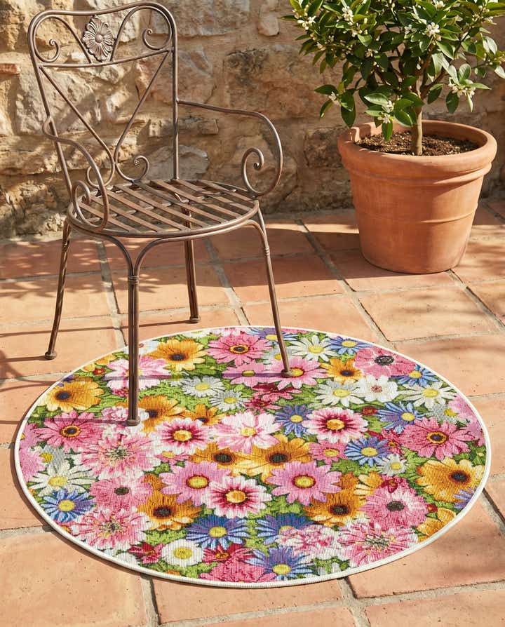 3' x 3' Easy-Clean Botanical Indoor / Outdoor Round Rug