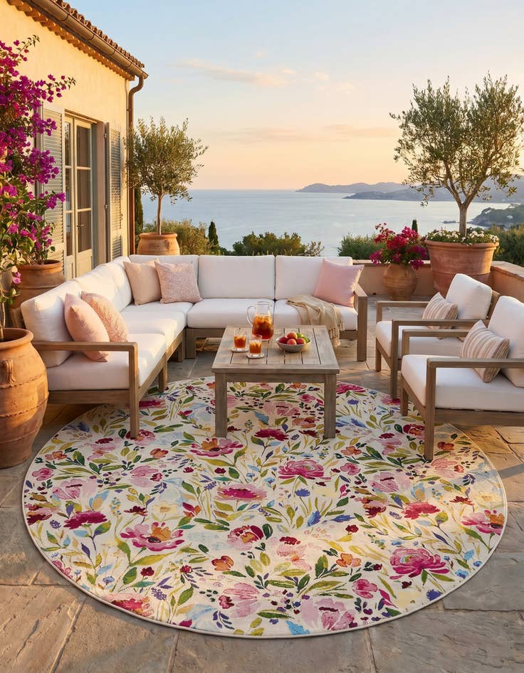 Detail image of 7' 10 x 7' 10 Easy-Clean Botanical Indoor / Outdoor Round Rug