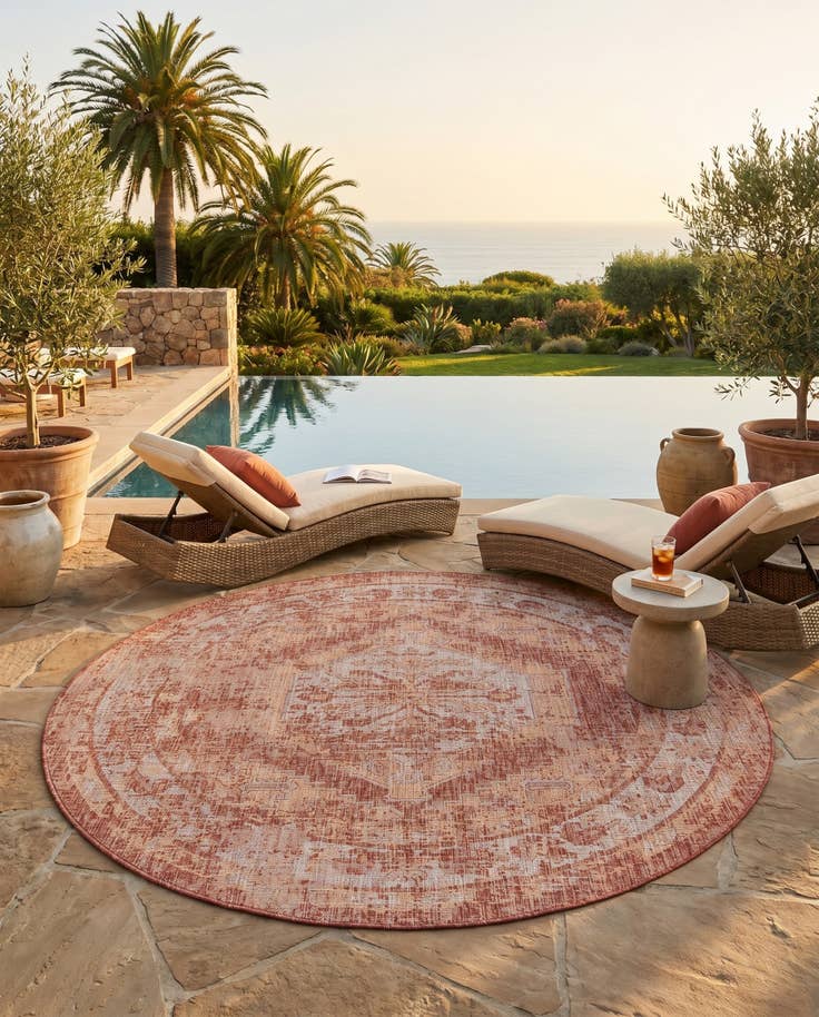 Detail image of 7' 10 x 7' 10 Easy-Clean Traditional Indoor / Outdoor Round Rug