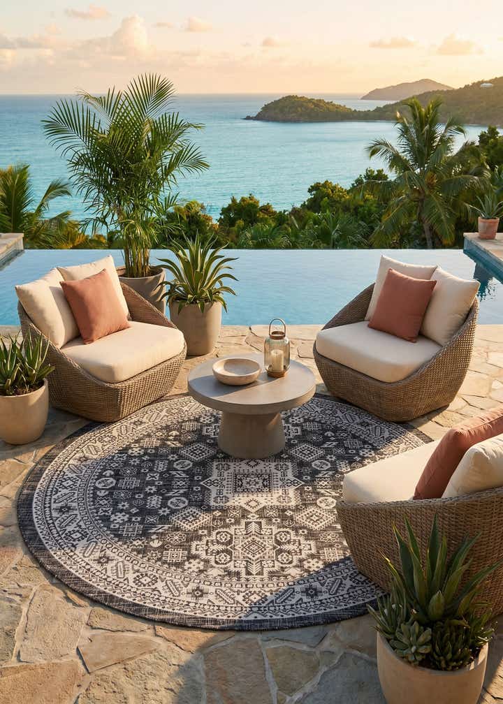 7' 10 x 7' 10 Easy-Clean Aztec Indoor / Outdoor Round Rug