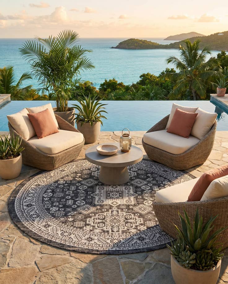 Detail image of 7' 10 x 7' 10 Easy-Clean Aztec Indoor / Outdoor Round Rug