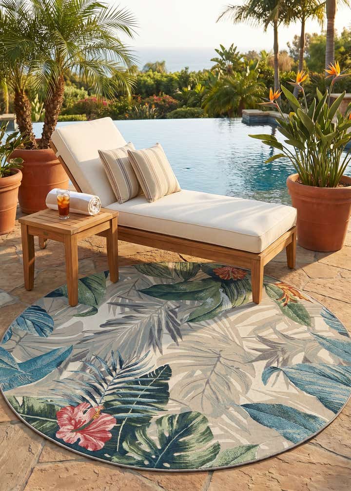 7' x 7' Easy-Clean Botanical Indoor / Outdoor Round Rug