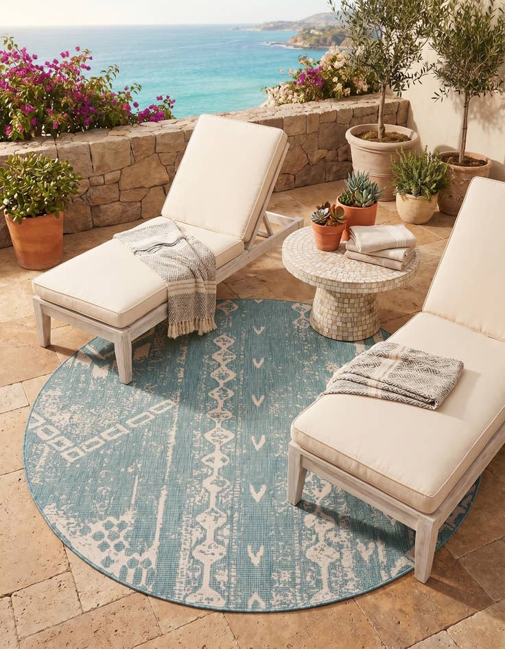 Detail image of 7' 10 x 7' 10 Easy-Clean Bohemian Indoor / Outdoor Round Rug