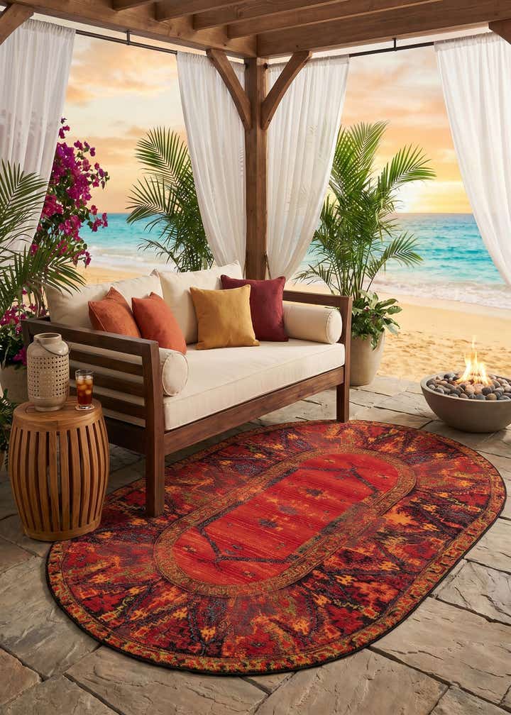 5' 3 x 8' Easy-Clean Tribal Indoor / Outdoor Oval Rug