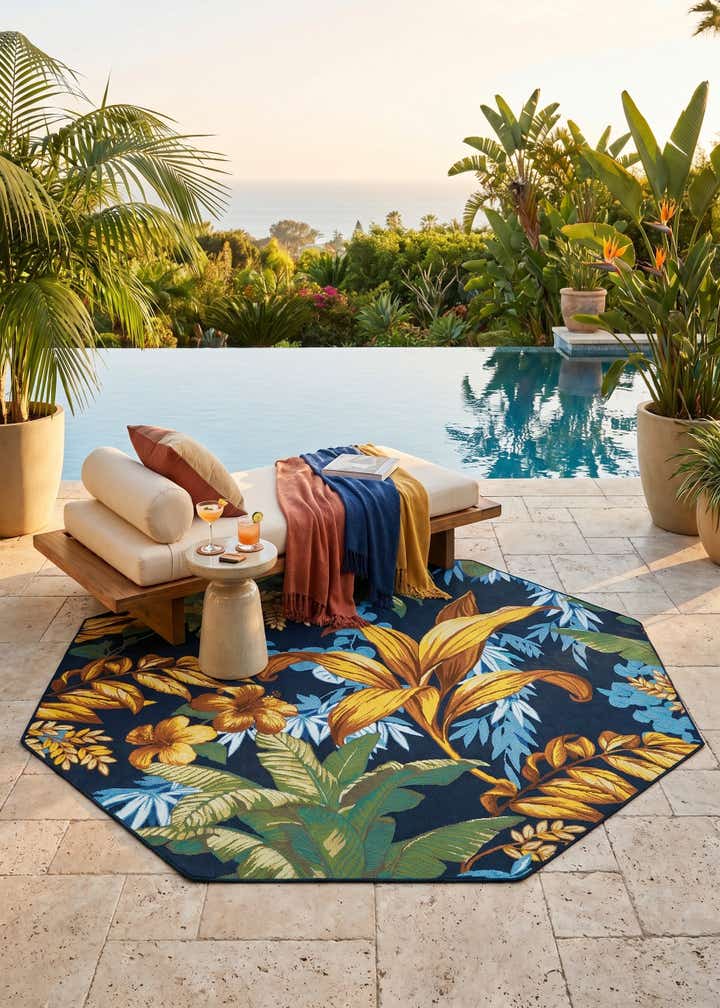 7' x 7' Easy-Clean Botanical Indoor / Outdoor Octagon Rug