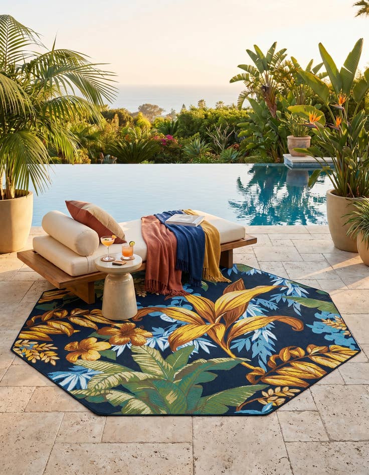 Detail image of 7' x 7' Easy-Clean Botanical Indoor / Outdoor Octagon Rug