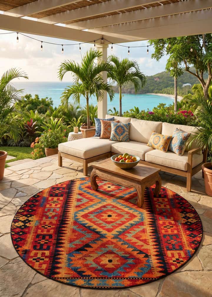 7' x 7' Easy-Clean Tribal Indoor / Outdoor Round Rug