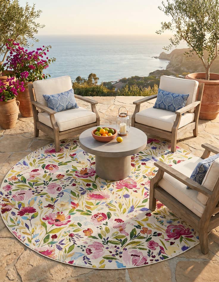 Detail image of 7' 10 x 7' 10 Easy-Clean Botanical Indoor / Outdoor Round Rug