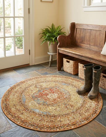 Blue and Light Brown Easy-Clean Traditional Indoor / Outdoor Round Rug