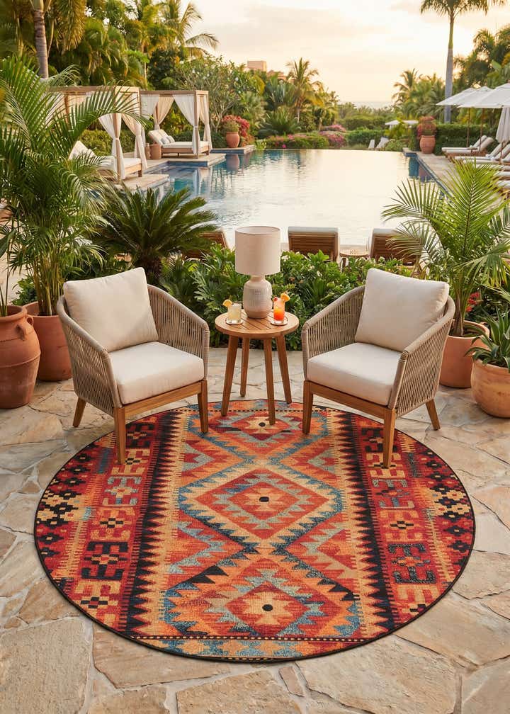 6' x 6' Easy-Clean Tribal Indoor / Outdoor Round Rug