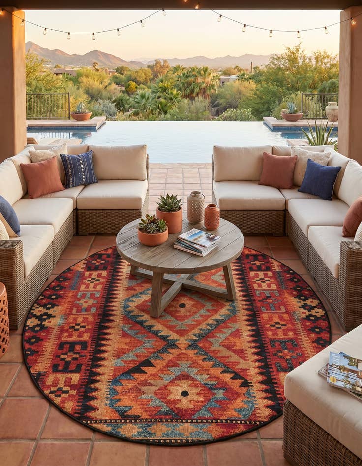 Detail image of 6' x 6' Easy-Clean Tribal Indoor / Outdoor Round Rug