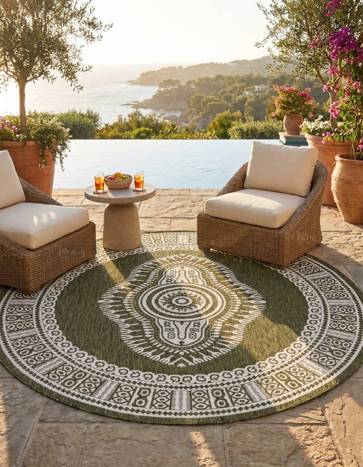 Detail image of 10' x 10' Easy-Clean Traditional Indoor / Outdoor Round Rug