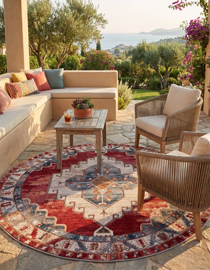 Detail image of 7' 10 x 7' 10 Easy-Clean Traditional Indoor / Outdoor Round Rug