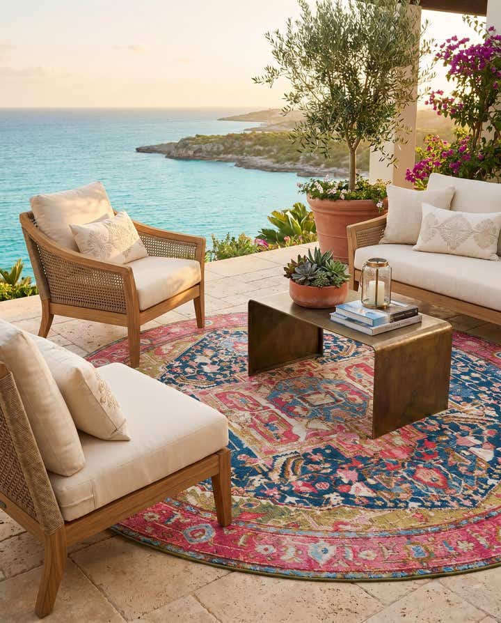 7' 10 x 7' 10 Easy-Clean Traditional Indoor / Outdoor Round Rug