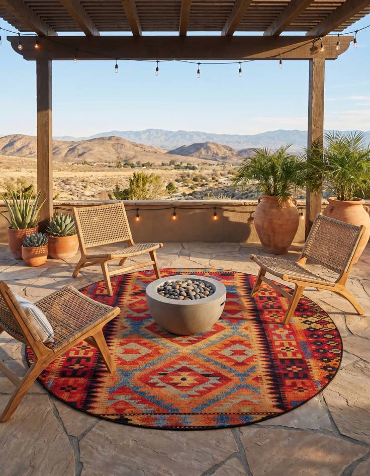 Detail image of 7' 10 x 7' 10 Easy-Clean Tribal Indoor / Outdoor Round Rug