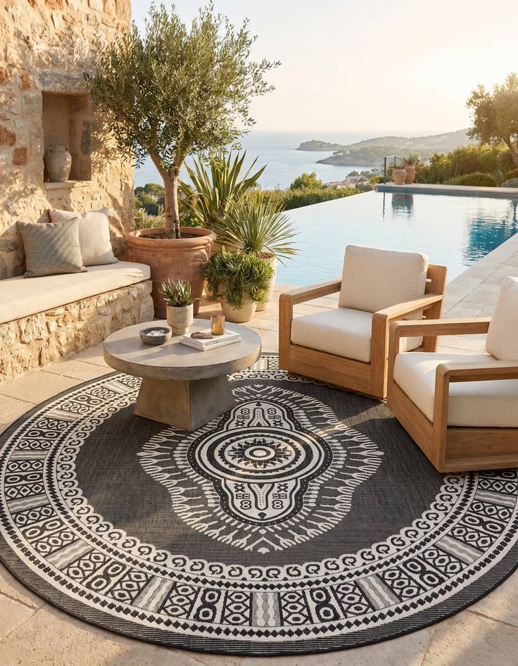 Detail image of 10' x 10' Easy-Clean Traditional Indoor / Outdoor Round Rug