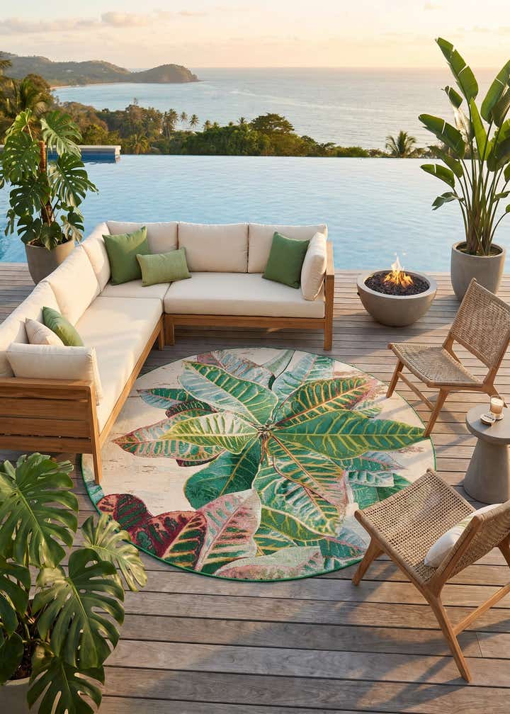 7' x 7' Easy-Clean Botanical Indoor / Outdoor Round Rug