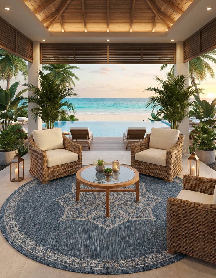 Detail image of 7' 10 x 7' 10 Easy-Clean Traditional Indoor / Outdoor Round Rug