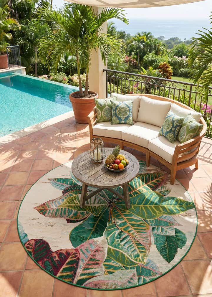 7' x 7' Easy-Clean Botanical Indoor / Outdoor Round Rug