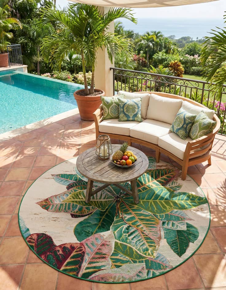 Detail image of 7' x 7' Easy-Clean Botanical Indoor / Outdoor Round Rug