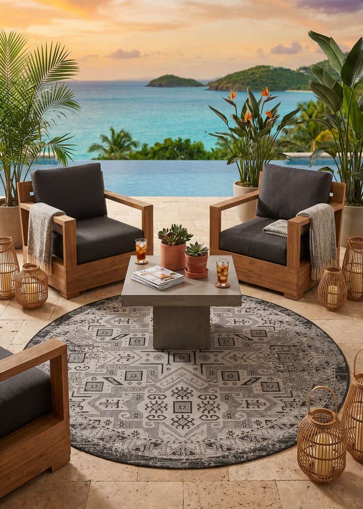 6' x 6' Easy-Clean Aztec Indoor / Outdoor Round Rug