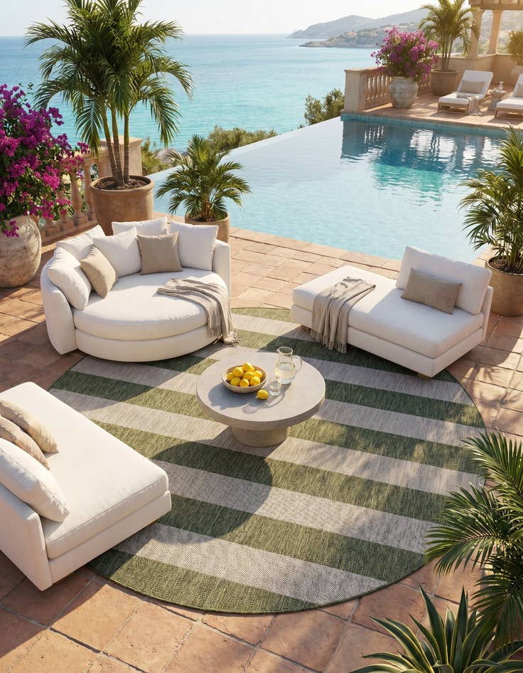 Detail image of 7' 10 x 7' 10 Easy-Clean Striped Indoor / Outdoor Round Rug